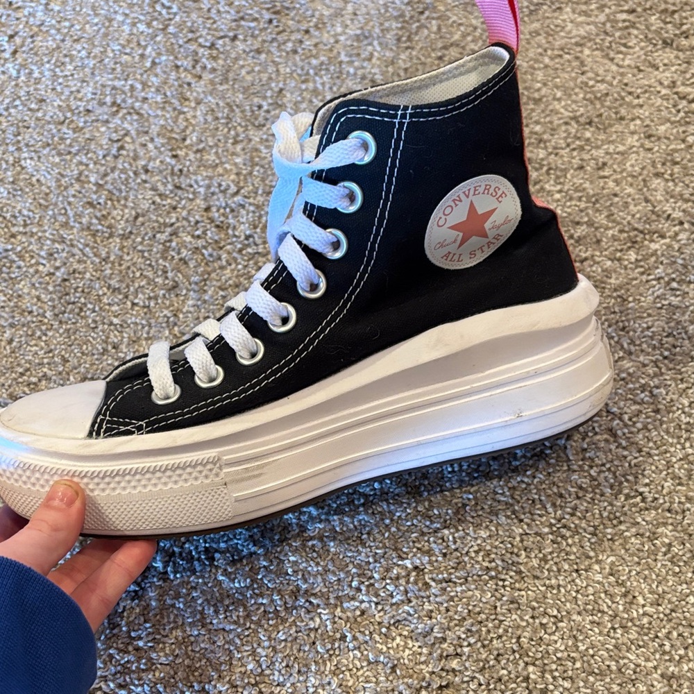 Black Converse High-Top Sneakers with Pink Heel Tabs - Picture 2 of 5